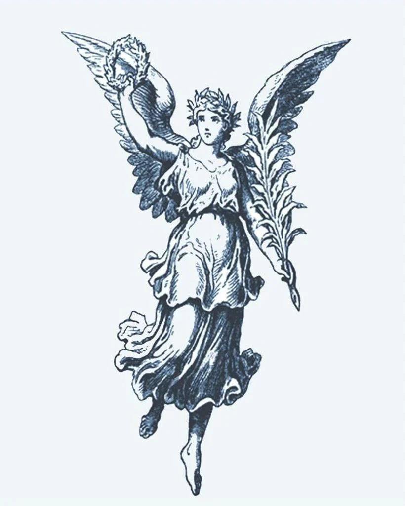 Design del tatuaggio semi-permanente Angelo della Vittoria di INKON – illustrazione classico, alato, angelo, tiene, alloro, 4 x 7 in (10x17cm), disponibile su inkon.co