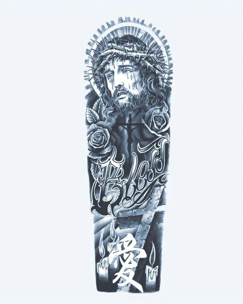 Design del tatuaggio semi-permanente Christ & Roses di INKON – illustrazione riverente, manica, intera, ritratto, cristo, 8 x 20 in (20x50cm), disponibile su inkon.co