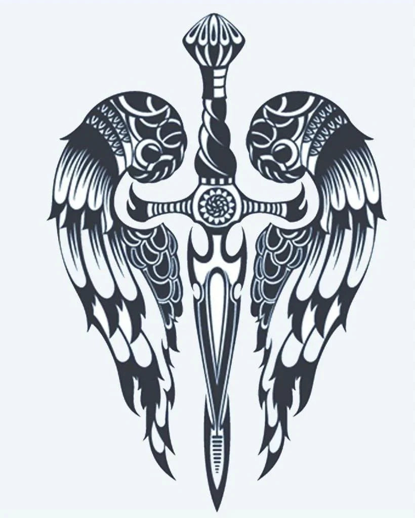 Design del tatuaggio semi-permanente Pugnale Alato di INKON – illustrazione ornato, pugnale, angelo, ali, simmetrico, 4 x 7 in (10x17cm), disponibile su inkon.co