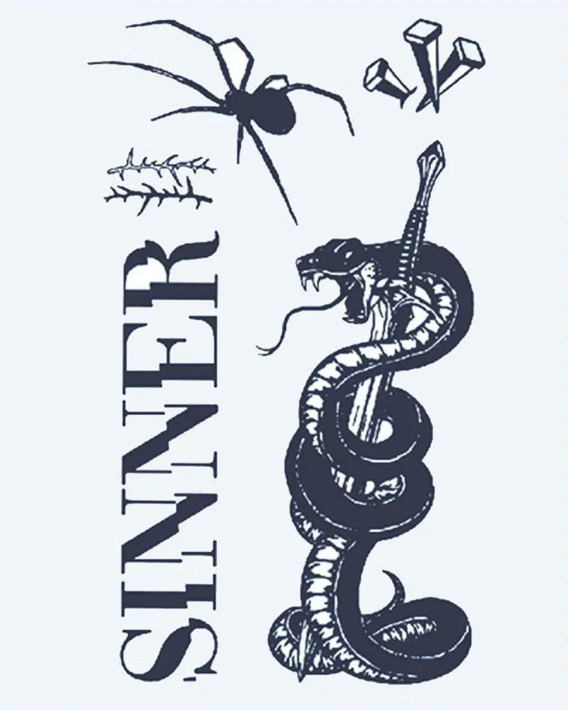 Design del tatuaggio semi-permanente Flash Sheet Sinner di INKON – illustrazione dark, flash, sheet, attorcigliato, serpente, 4 x 7 in (10x17cm), disponibile su inkon.co