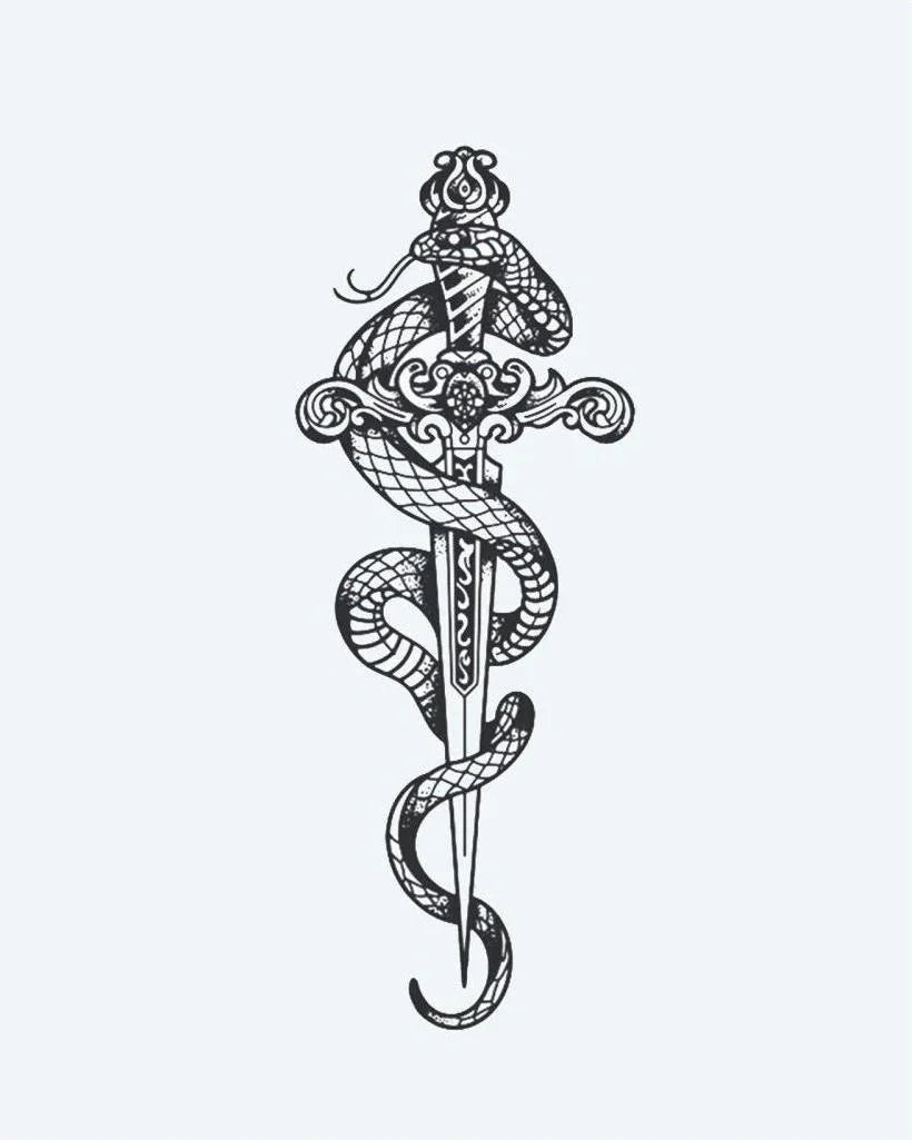 Design del tatuaggio semi-permanente Snake & Ornate Dagger di INKON – illustrazione splendidamente, cobra, serpente, avvolge, ornamentale, 4 x 8 in (11x21cm), disponibile su inkon.co