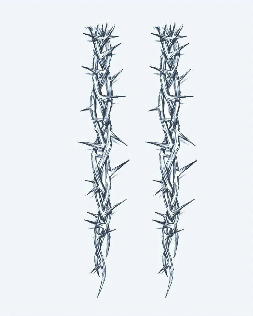 Design del tatuaggio semi-permanente Thorn Vines di INKON – illustrazione lunghi, intrecciati, spinoso, viticcio, tatuaggi, 4 x 8 in (11x21cm), disponibile su inkon.co