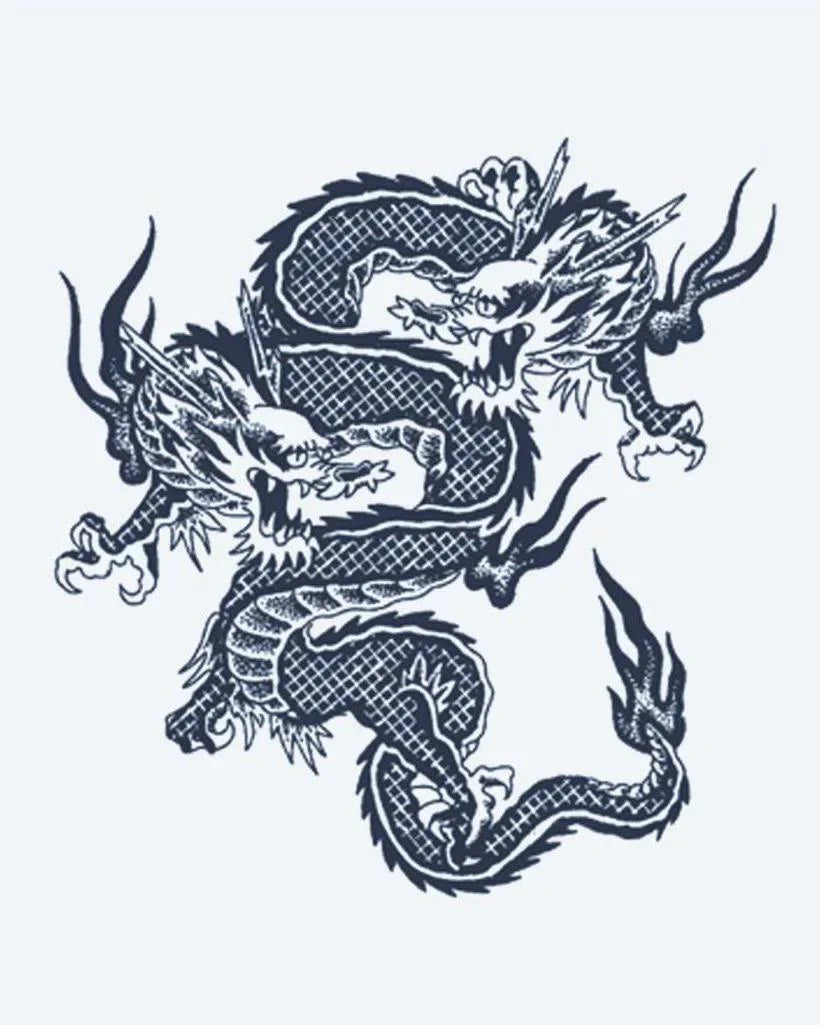 Design del tatuaggio semi-permanente Twin Dragons di INKON – illustrazione intrecciati, asiatici, draghi, squame, dettagli, 2 x 2 in (5x5cm), disponibile su inkon.co