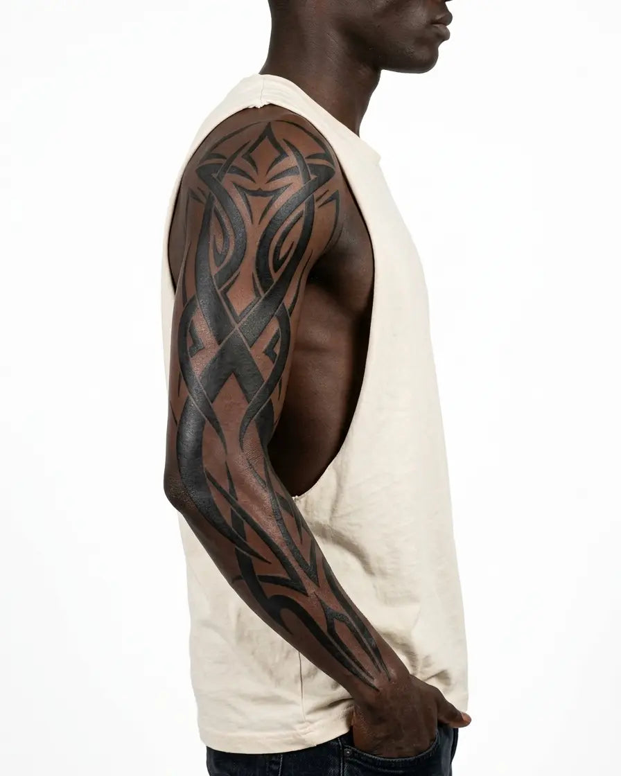 Tatuaggio semi-permanente INKON Celtic Tribal Knot Sleeve applicato su un uomo – design 8 x 20 in (20x50cm), aspetto realistico dell'inchiostro, dura 10 giorni