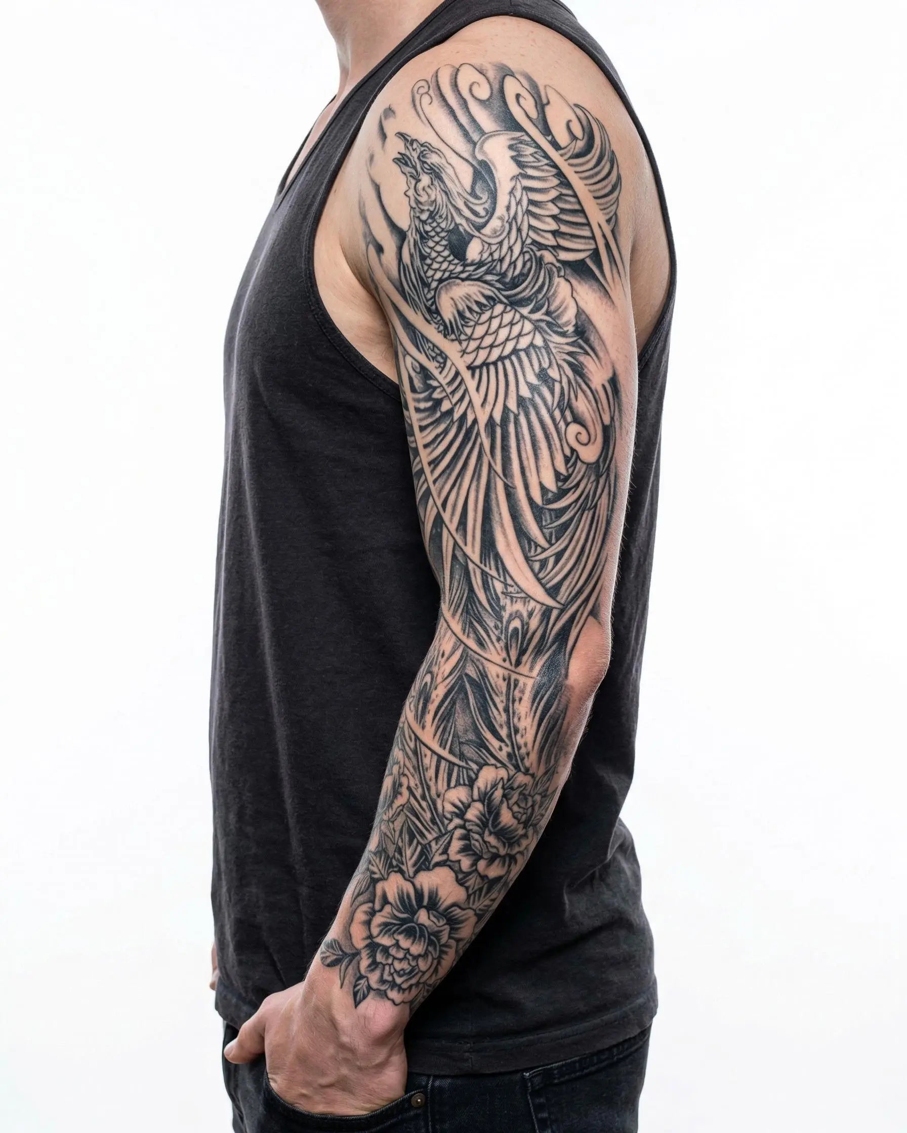 Tatuaggio semi-permanente INKON Phoenix Rising applicato su un uomo – design 8 x 20 in (20x50cm), aspetto realistico dell'inchiostro, dura 10 giorni