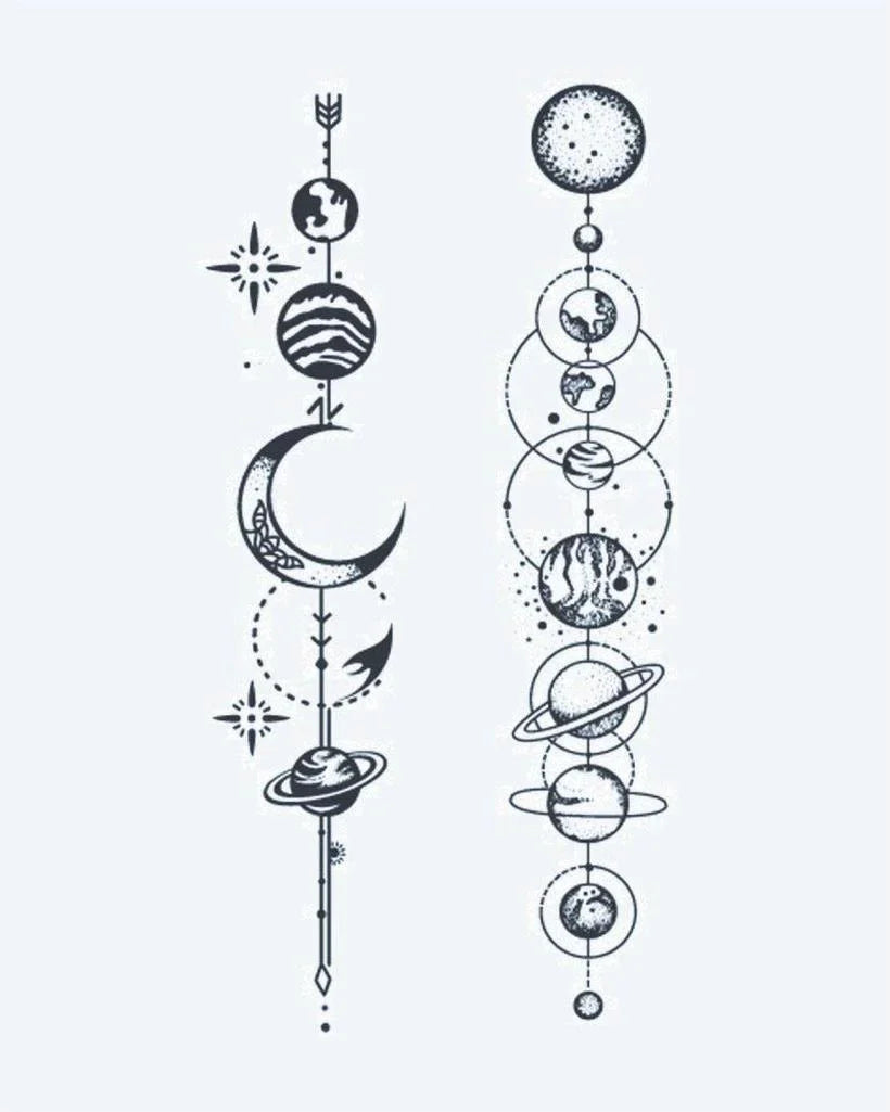 Design del tatuaggio semi-permanente Solar System Alignment di INKON – illustrazione celesti, verticali, planetario, allineamento, design, 3 x 4 in (6x11cm), disponibile su inkon.co