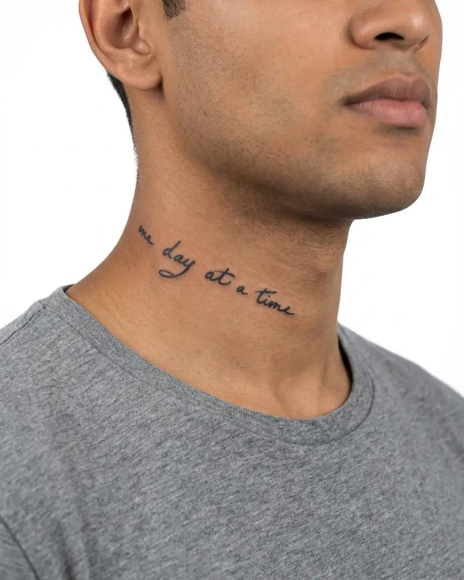 Tatuaggio semi-permanente INKON One Day at a Time applicato su un uomo – design 3 x 4 in (6x11cm), aspetto realistico dell'inchiostro, dura 10 giorni