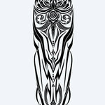 Design del tatuaggio semi-permanente Tribal Owl Totem di INKON – illustrazione di mistica figura di gufo tribale simmetrica, 8 x 20 in (20x50cm), disponibile su inkon.co