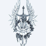 Design del tatuaggio semi-permanente Spada Alata e Peonia di INKON – illustrazione ornata, spada, fiancheggiata, piumate, ali, 4 x 7 in (10x17cm), disponibile su inkon.co