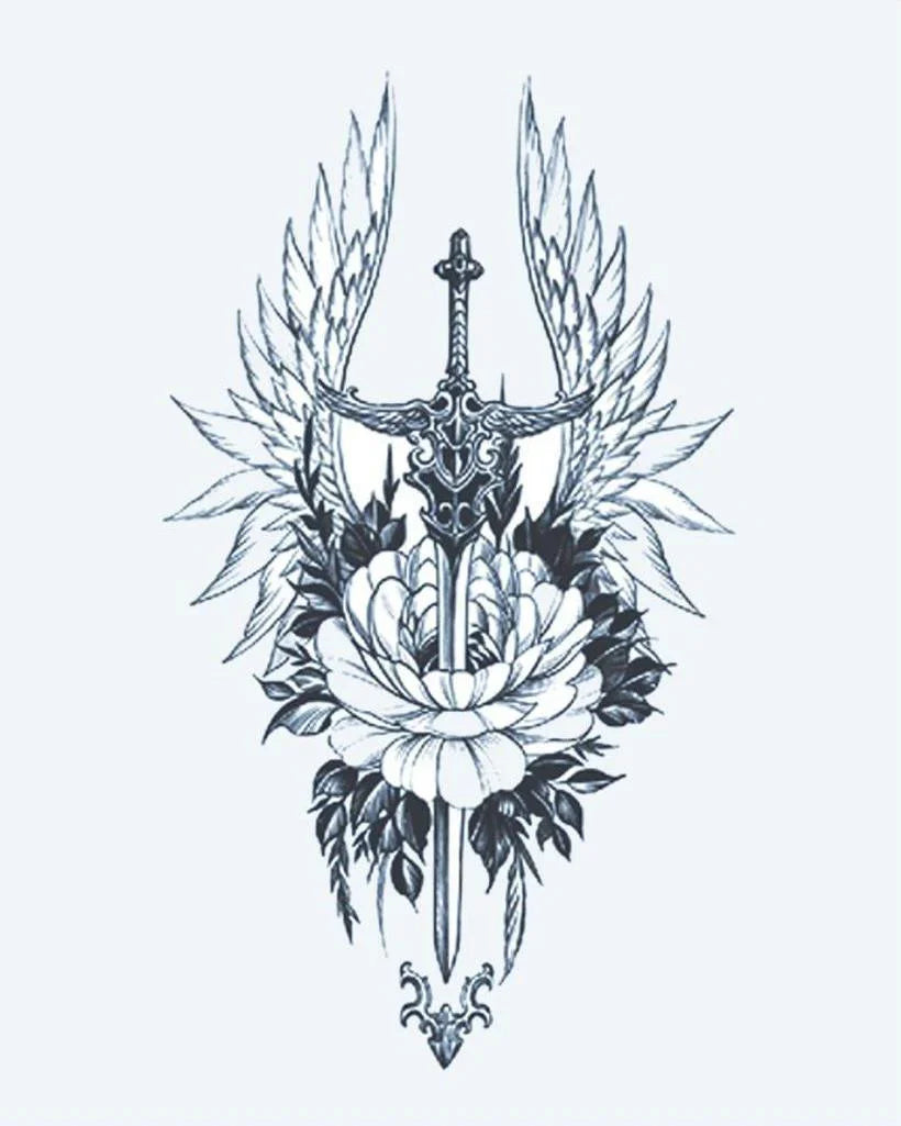 Design del tatuaggio semi-permanente Spada Alata e Peonia di INKON – illustrazione ornata, spada, fiancheggiata, piumate, ali, 4 x 7 in (10x17cm), disponibile su inkon.co