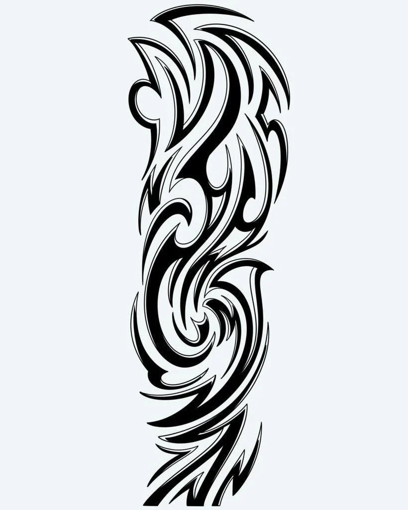 Design del tatuaggio semi-permanente Tribal Wave Sleeve di INKON – illustrazione tribale fluida con onde vorticose, 8 x 20 in (20x50cm), disponibile su inkon.co