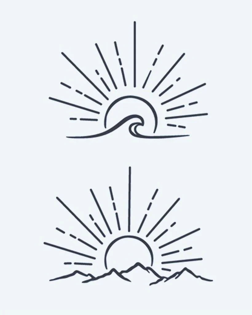 Design del tatuaggio semi-permanente Onda all'Alba e Montagne di INKON – illustrazione minimalista, linea, oceano, onda, alba, 4 x 7 in (10x17cm), disponibile su inkon.co