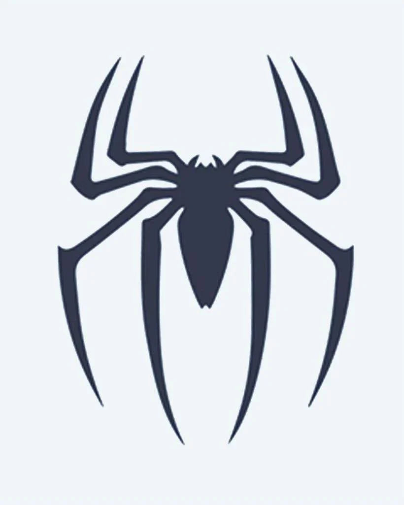 Design del tatuaggio semi-permanente Spider Emblem di INKON – illustrazione ragno, silhouette, lunghe, angolari, zampe, 2 x 2 in (5x5cm), disponibile su inkon.co