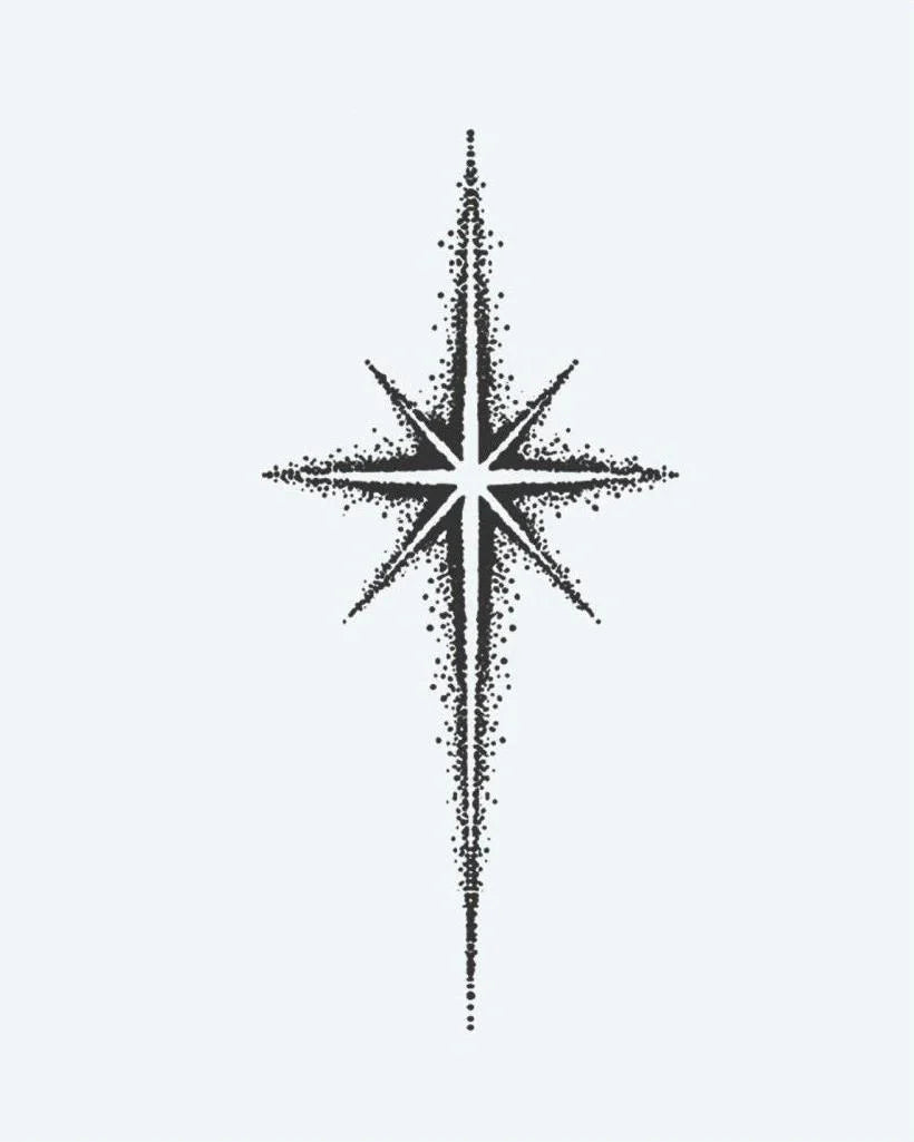 Design del tatuaggio semi-permanente North Star di INKON – illustrazione otto, punte, stella, realizzata, dotwork, 3 x 4 in (6x11cm), disponibile su inkon.co