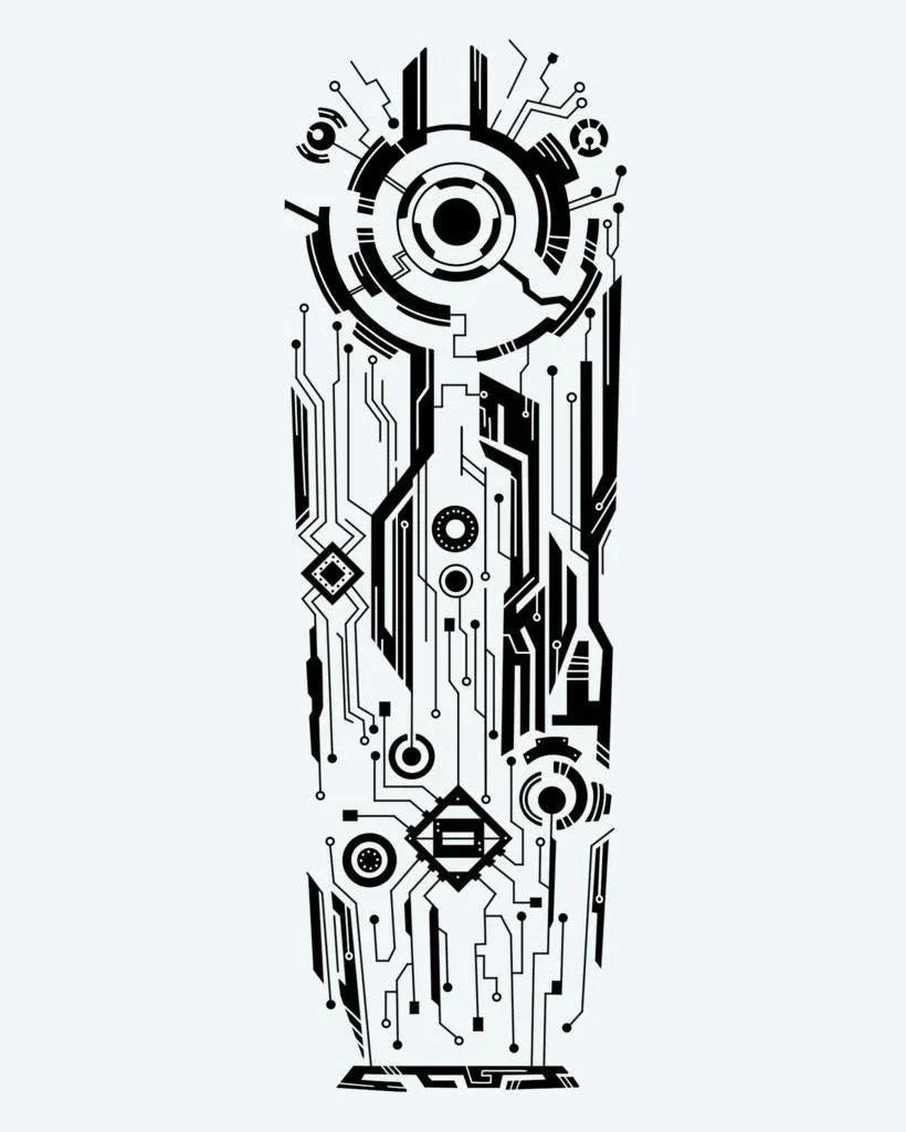 Design del tatuaggio semi-permanente Cyberpunk Circuit di INKON – illustrazione futuristica con motivi di circuiti stampati, 8 x 20 in (20x50cm), disponibile su inkon.co