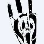 Design del tatuaggio semi-permanente Ghost Face & Knives di INKON – illustrazione horror, tre, coltelli, cucina, rivelano, 4 x 4 in (9x9cm), disponibile su inkon.co