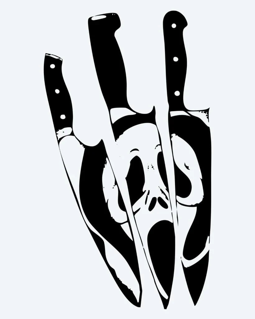 Design del tatuaggio semi-permanente Ghost Face & Knives di INKON – illustrazione horror, tre, coltelli, cucina, rivelano, 4 x 4 in (9x9cm), disponibile su inkon.co