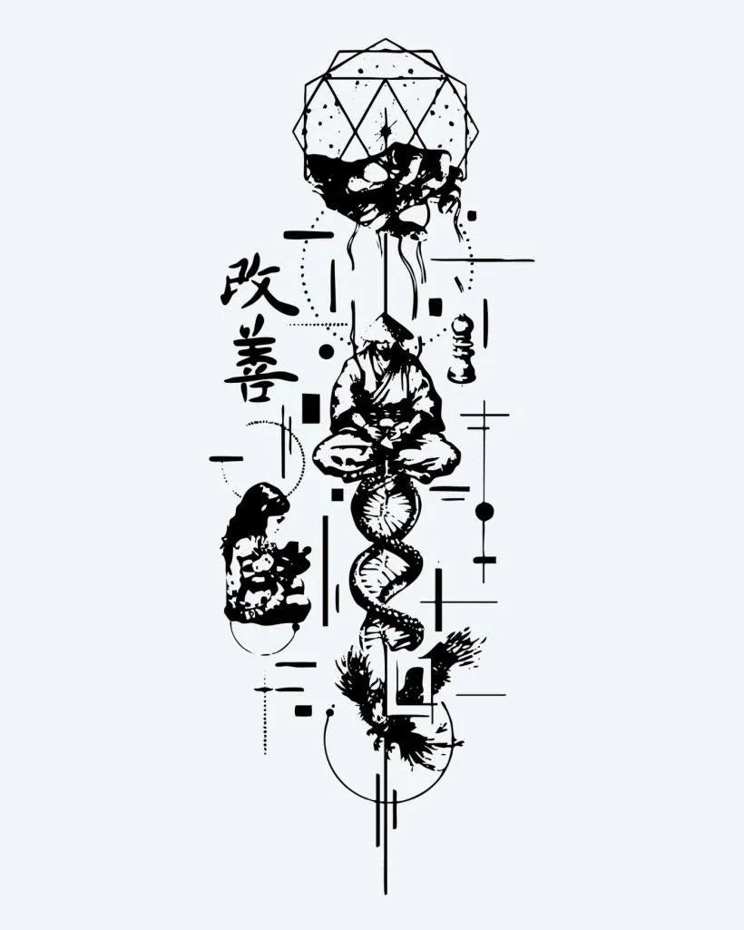 Design del tatuaggio semi-permanente Japanese Dragon & Kanji di INKON – illustrazione artistico, combina, avvolto, drago, giapponesi, 8 x 20 in (20x50cm), disponibile su inkon.co