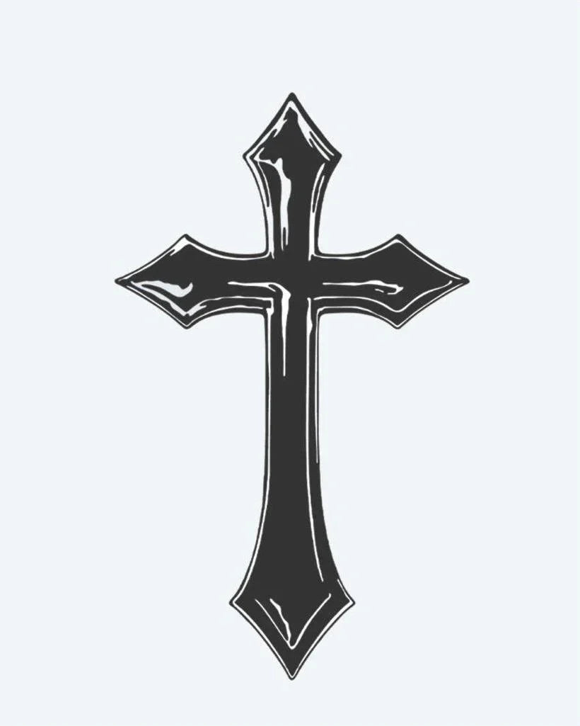 Design del tatuaggio semi-permanente Gothic Cross di INKON – illustrazione gotica, croce, appuntite, svasate, estremità, 3 x 4 in (7x10cm), disponibile su inkon.co