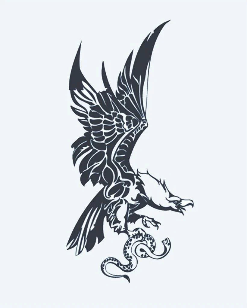Design del tatuaggio semi-permanente Aquila e Serpente di INKON – illustrazione aquila, picchiata, giù, afferra, serpente, 4 x 7 in (10x17cm), disponibile su inkon.co