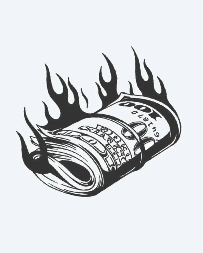 Design del tatuaggio semi-permanente Burning Money Roll di INKON – illustrazione fiamme, banconote, rotolo, arrotolata, pila, 3 x 4 in (7x10cm), disponibile su inkon.co