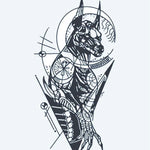 Design del tatuaggio semi-permanente Anubi Geometrico di INKON – illustrazione egizio, anubi, reso, geometrico, meccanico, 4 x 7 in (10x17cm), disponibile su inkon.co