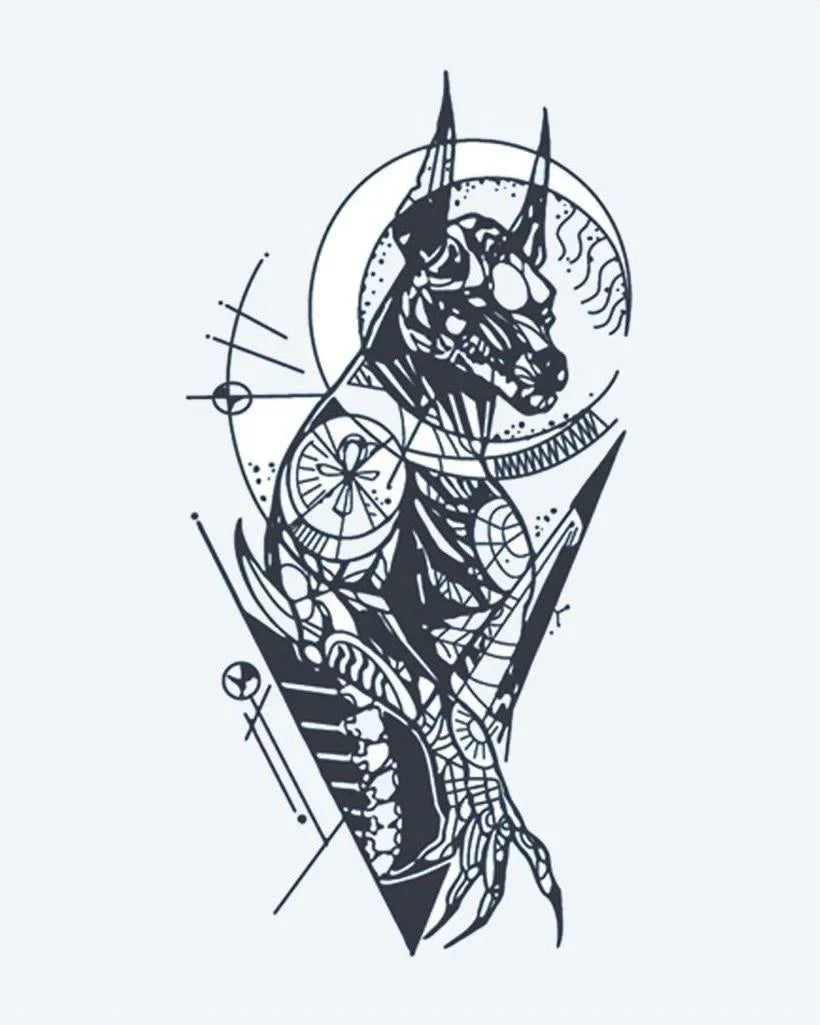Design del tatuaggio semi-permanente Anubi Geometrico di INKON – illustrazione egizio, anubi, reso, geometrico, meccanico, 4 x 7 in (10x17cm), disponibile su inkon.co