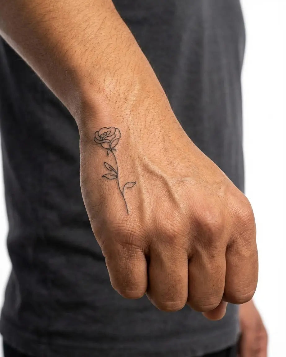 Tatuaggio semi-permanente INKON Single Rose applicato su un uomo – design 2 x 2 in (5x5cm), aspetto realistico dell'inchiostro, dura 10 giorni
