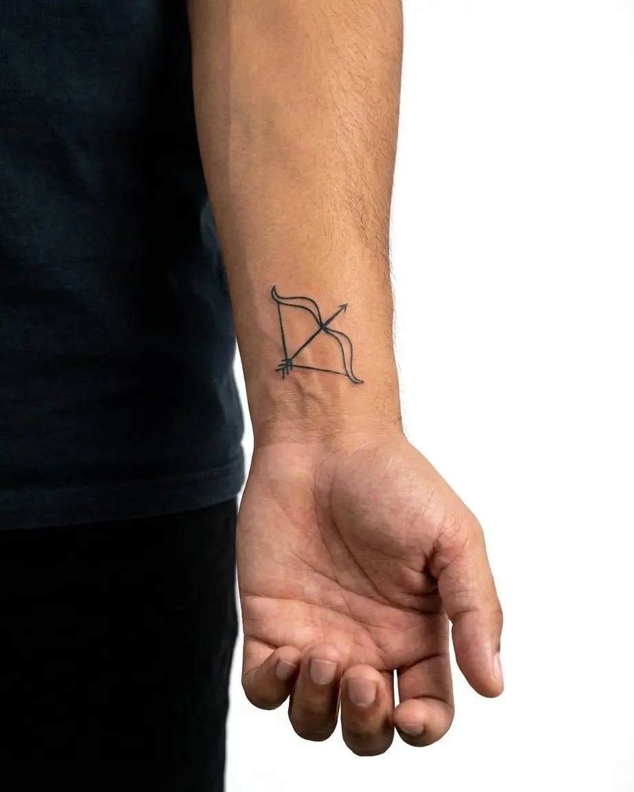 Tatuaggio semi-permanente INKON Bow & Arrow applicato su un uomo – design 2 x 2 in (5x5cm), aspetto realistico dell'inchiostro, dura 10 giorni