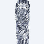 Design del tatuaggio semi-permanente Koi Fish & Waves Sleeve di INKON – illustrazione giapponese, irezumi, manica, intera, pesce, 8 x 20 in (20x50cm), disponibile su inkon.co