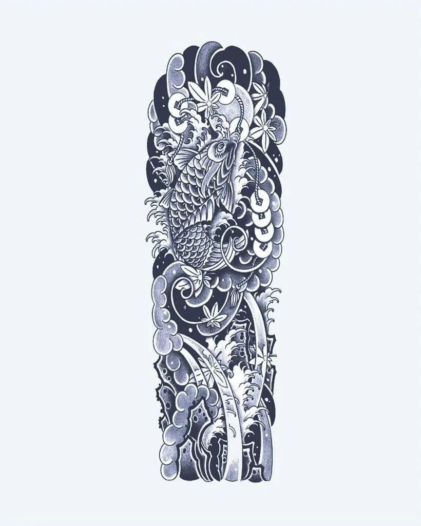 Design del tatuaggio semi-permanente Koi Fish & Waves Sleeve di INKON – illustrazione giapponese, irezumi, manica, intera, pesce, 8 x 20 in (20x50cm), disponibile su inkon.co