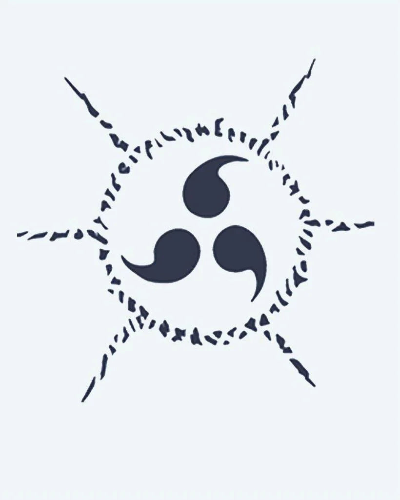 Design del tatuaggio semi-permanente Cursed Seal Tomoe di INKON – illustrazione tre, tomoe, sigillo, circondato, frastagliati, 2 x 2 in (5x5cm), disponibile su inkon.co