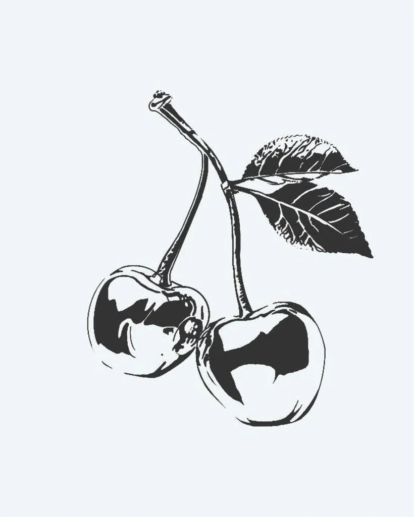 Design del tatuaggio semi-permanente Cherries di INKON – illustrazione di coppia di ciliegie mature su gambo con foglia, 2 x 2 in (5x5cm), disponibile su inkon.co
