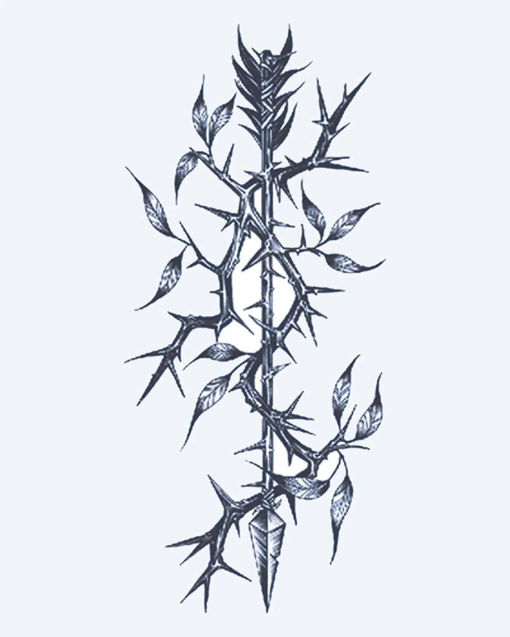 Design del tatuaggio semi-permanente Ramo Spinoso di INKON – illustrazione verticale, spinoso, vite, ramo, foglie, 4 x 7 in (10x17cm), disponibile su inkon.co