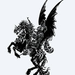 Design del tatuaggio semi-permanente Dragon Rider di INKON – illustrazione guerriero, cavalca, alato, drago, silhouette, 4 x 8 in (11x21cm), disponibile su inkon.co