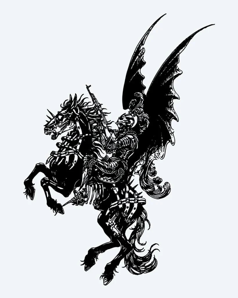 Design del tatuaggio semi-permanente Dragon Rider di INKON – illustrazione guerriero, cavalca, alato, drago, silhouette, 4 x 8 in (11x21cm), disponibile su inkon.co