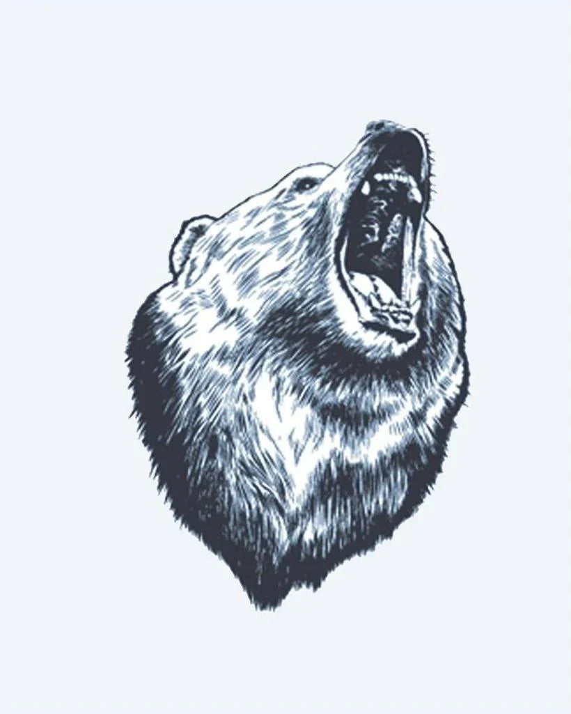 Design del tatuaggio semi-permanente Roaring Bear di INKON – illustrazione ruggente, orso, aperte, fauna, ritratto, 3 x 4 in (7x10cm), disponibile su inkon.co