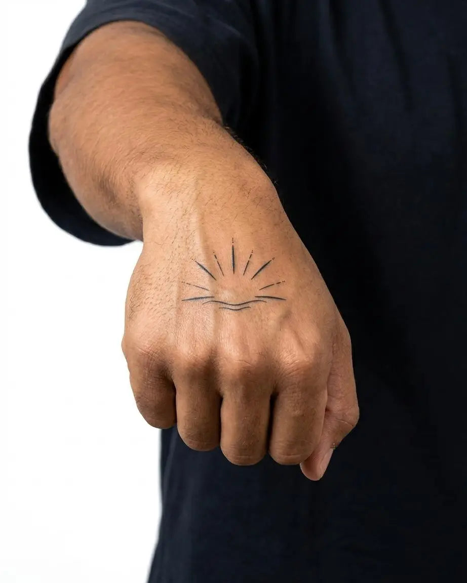 Tatuaggio semi-permanente INKON Sunrise Horizon applicato su un uomo – design 2 x 2 in (5x5cm), aspetto realistico dell'inchiostro, dura 10 giorni