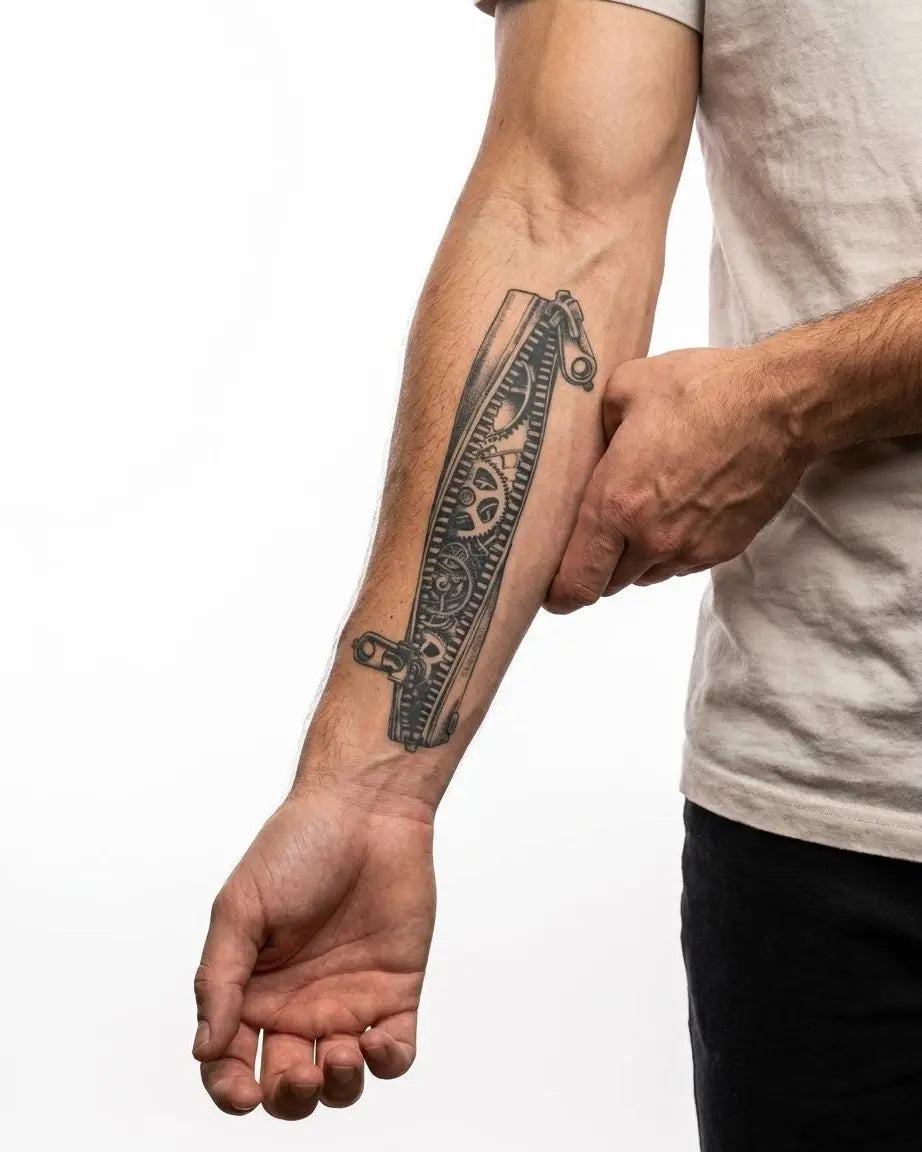 Tatuaggio semi-permanente INKON Steampunk Gears Band applicato su un uomo – design 4 x 8 in (11x21cm), aspetto realistico dell'inchiostro, dura 10 giorni