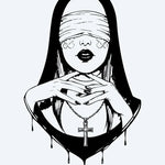 Design del tatuaggio semi-permanente Suora Bendata di INKON – illustrazione misteriosa, bendata, donna, velo, tiene, 4 x 7 in (10x17cm), disponibile su inkon.co