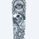 Design del tatuaggio semi-permanente Skull, All-Seeing Eye & Mandala di INKON – illustrazione mistico, manica, intera, teschio, onniveggente, 8 x 20 in (20x50cm), disponibile su inkon.co