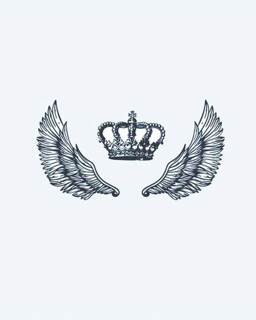 Design del tatuaggio semi-permanente Winged Crown di INKON – illustrazione reale, corona, affiancata, paio, spiegate, 3 x 4 in (6x11cm), disponibile su inkon.co