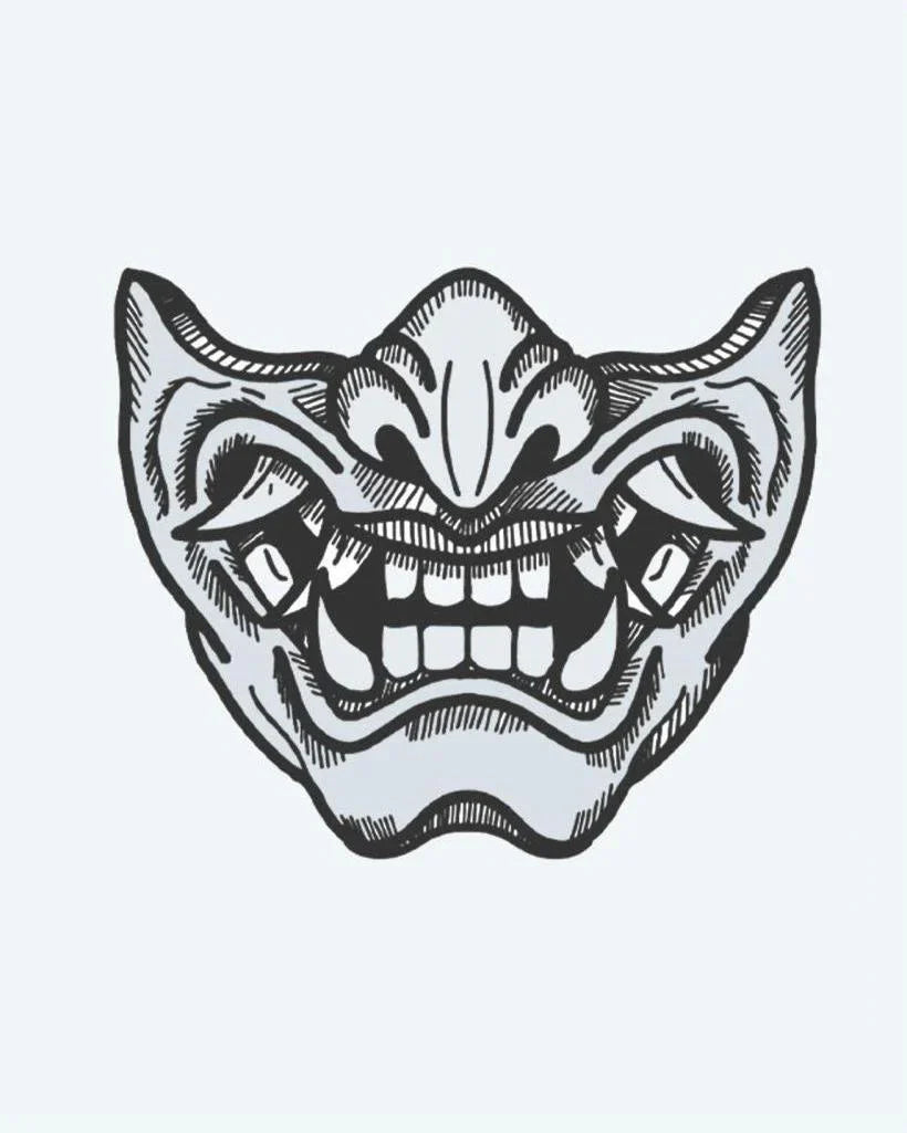 Design del tatuaggio semi-permanente Maschera Oni di INKON – illustrazione giapponese, demone, mezza, maschera, affilate, 4 x 4 in (9x9cm), disponibile su inkon.co