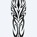 Design del tatuaggio semi-permanente Bold Tribal Crest di INKON – illustrazione tribale simmetrica con linee che si intersecano, 8 x 20 in (20x50cm), disponibile su inkon.co