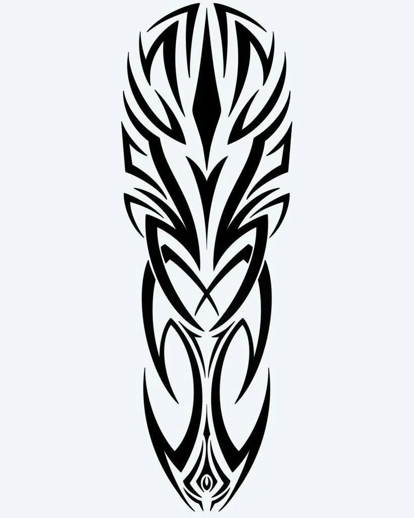 Design del tatuaggio semi-permanente Bold Tribal Crest di INKON – illustrazione tribale simmetrica con linee che si intersecano, 8 x 20 in (20x50cm), disponibile su inkon.co