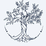 Design del tatuaggio semi-permanente Tree of Life di INKON – illustrazione di elegante albero della vita con radici intrecciate, 2 x 2 in (5x5cm), disponibile su inkon.co