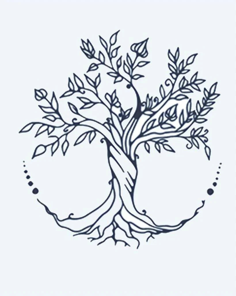 Design del tatuaggio semi-permanente Tree of Life di INKON – illustrazione di elegante albero della vita con radici intrecciate, 2 x 2 in (5x5cm), disponibile su inkon.co