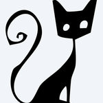 Design del tatuaggio semi-permanente Sitting Cat Silhouette di INKON – illustrazione di gatto seduto con coda riccia e occhi misteriosi, 2 x 2 in (5x5cm), disponibile su inkon.co