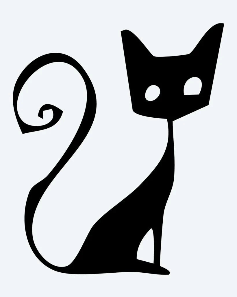 Design del tatuaggio semi-permanente Sitting Cat Silhouette di INKON – illustrazione di gatto seduto con coda riccia e occhi misteriosi, 2 x 2 in (5x5cm), disponibile su inkon.co