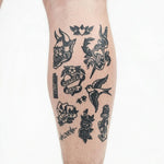 Tatuaggio semi-permanente INKON Flash Sheet Old School applicato su un uomo – design 4 x 7 in (10x17cm), aspetto realistico dell'inchiostro, dura 10 giorni